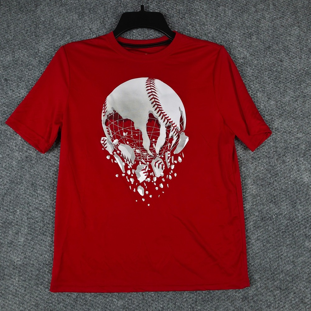 Athletic Works Youth XL 14-16 Red Performance Tee Shattering Baseball Graphic